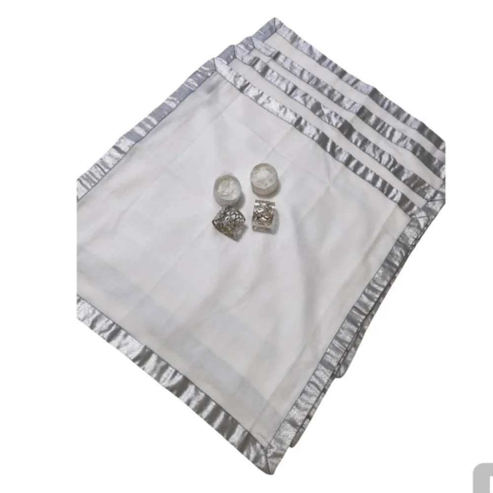 New Vintage Silver Plated Napkin Rings And Silver Bordered Napkins.
